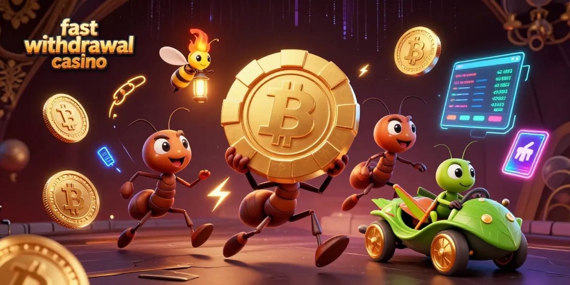Fast withdrawal casino scene with cartoon ants heisting a giant poker chip amidst crypto elements.