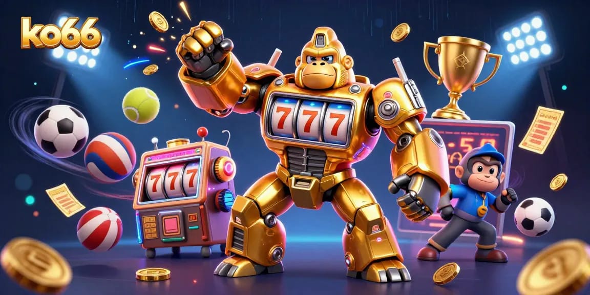 Experience thrilling gaming action at ko66 with a golden gorilla mech amidst flying sports elements.