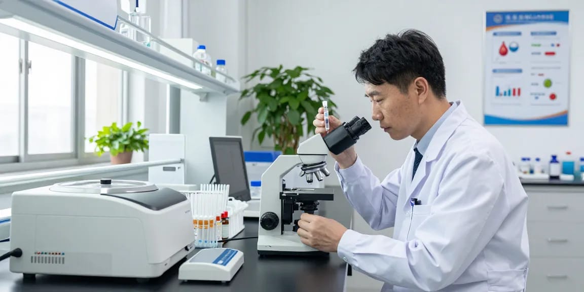 Scientist examining BPC peptides in a modern lab environment, showcasing analysis and research.