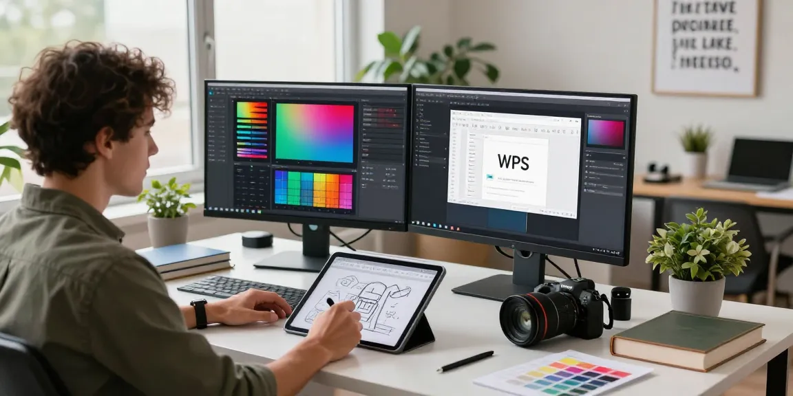 Professional workspace with WPS Download interface on dual monitors, designer actively working in a creative setup.