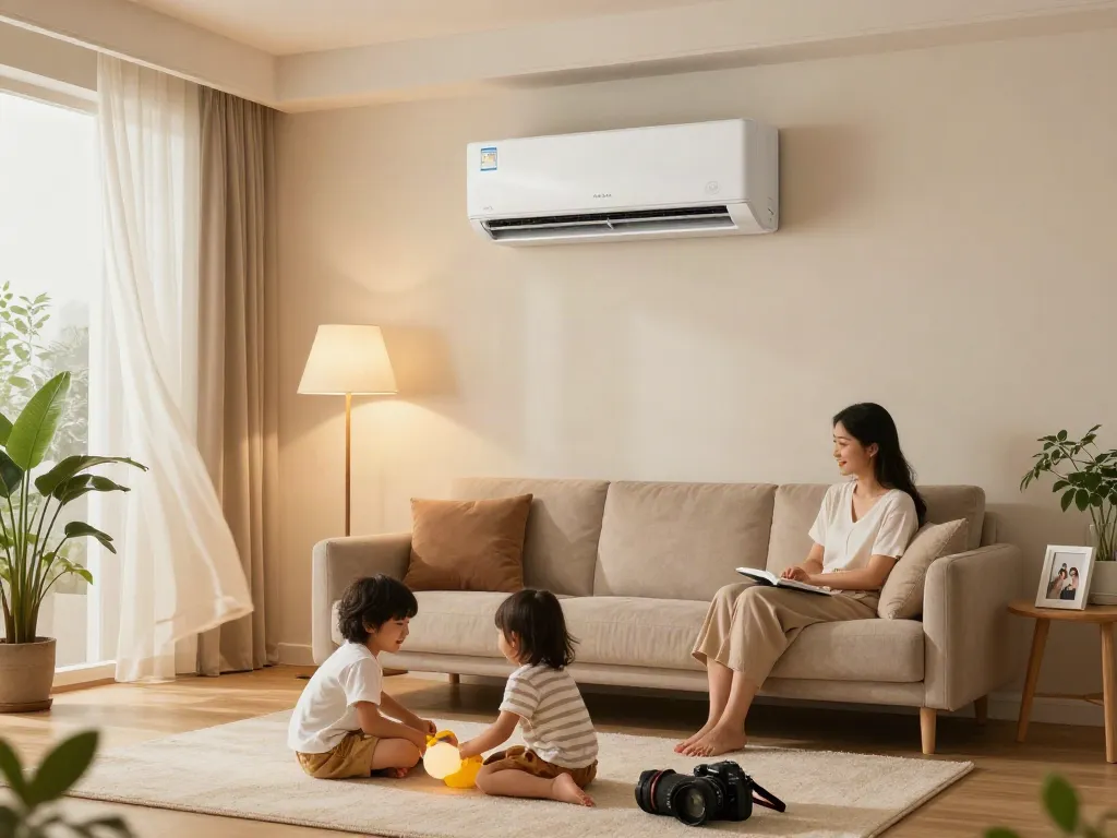 Ductless air conditioner elegantly integrated into a modern family living room, enhancing comfort during summer evenings.