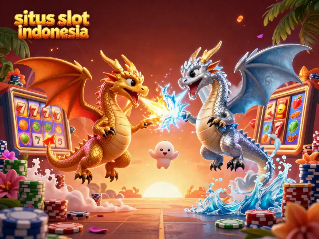 Engage with situs slot indonesia as twin dragons unleash fire and ice above vibrant slot reels.
