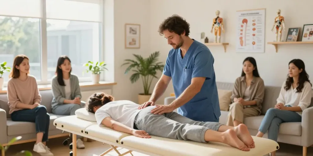 Osteopath Burlington providing gentle treatment in a serene clinic setting with natural light.