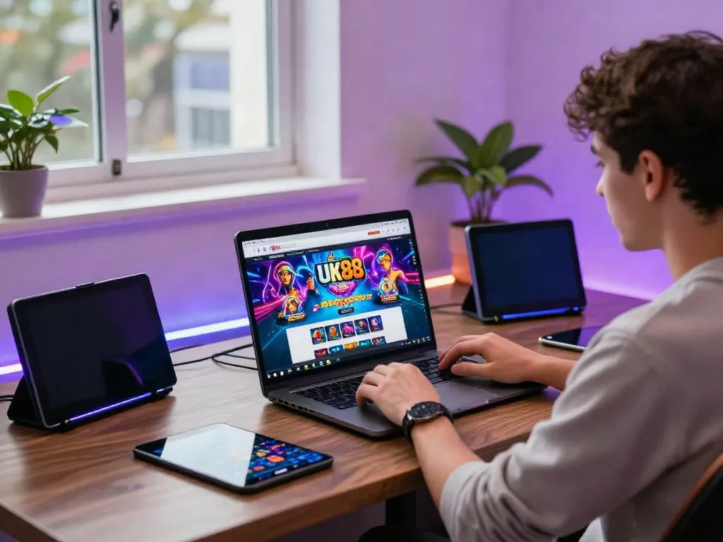 Engaging online gambling experience at UK88 with a player at a modern gaming desk.