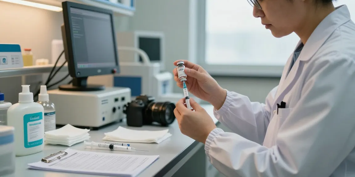 Healthcare professional preparing a luer lock syringe in a clinical laboratory.