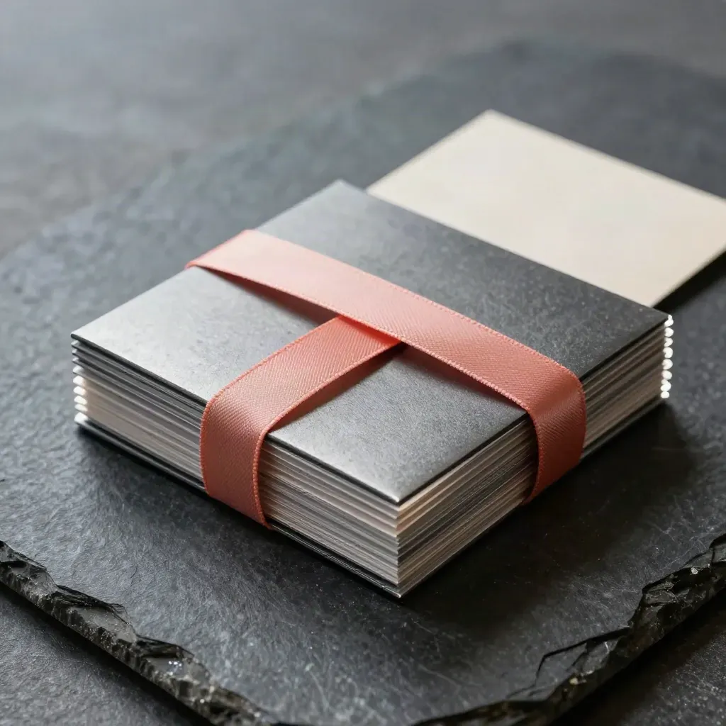Graphite launch kit sleeve with layered dividers and a coral ribbon on dark stone.
