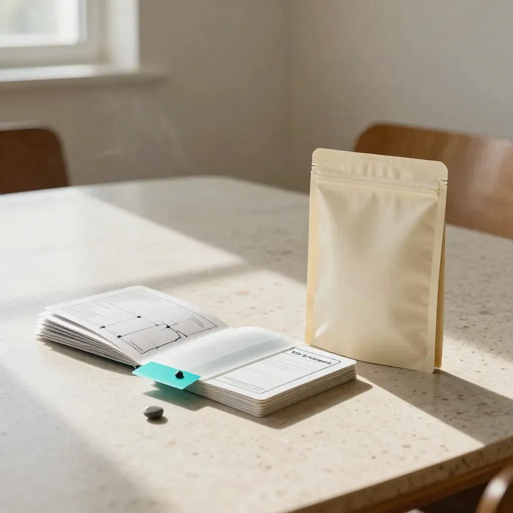 Launch kit packet, timeline foldout, frosted sleeve and stone paperweight on travertine in soft window light.