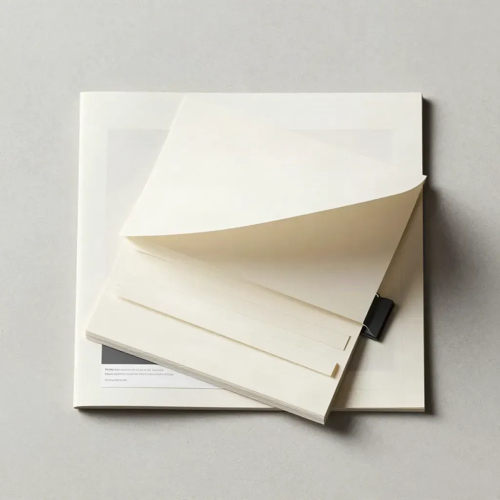 Cream website copy folio with folded strips and a graphite clip on pale concrete, overhead.