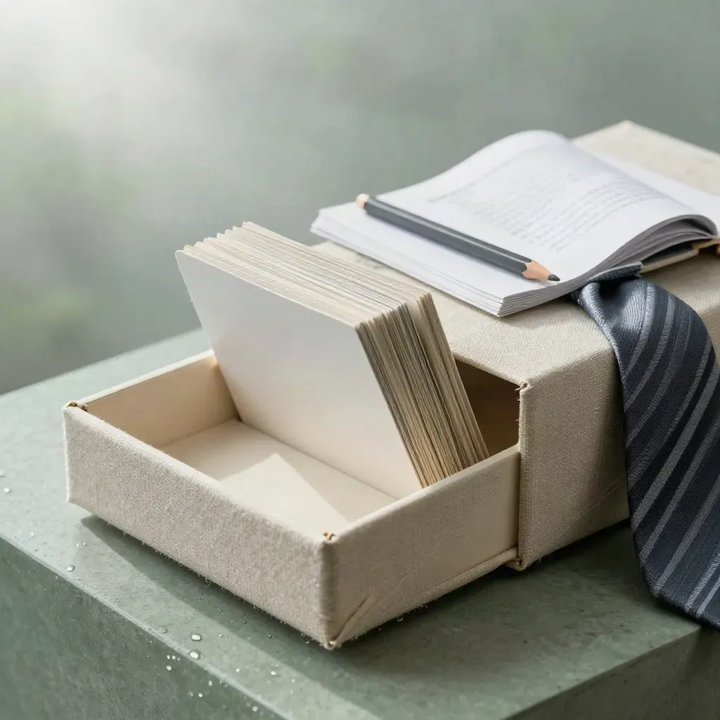 Linen audit box with cards, booklet, and pencil stub on a rain-damp stone plinth.