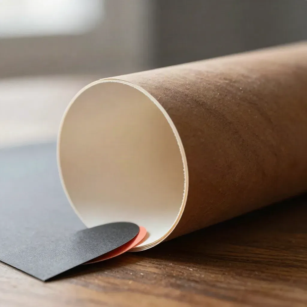 Macro paper funnel sculpture with matte disc on walnut surface, lit with a bright rim.