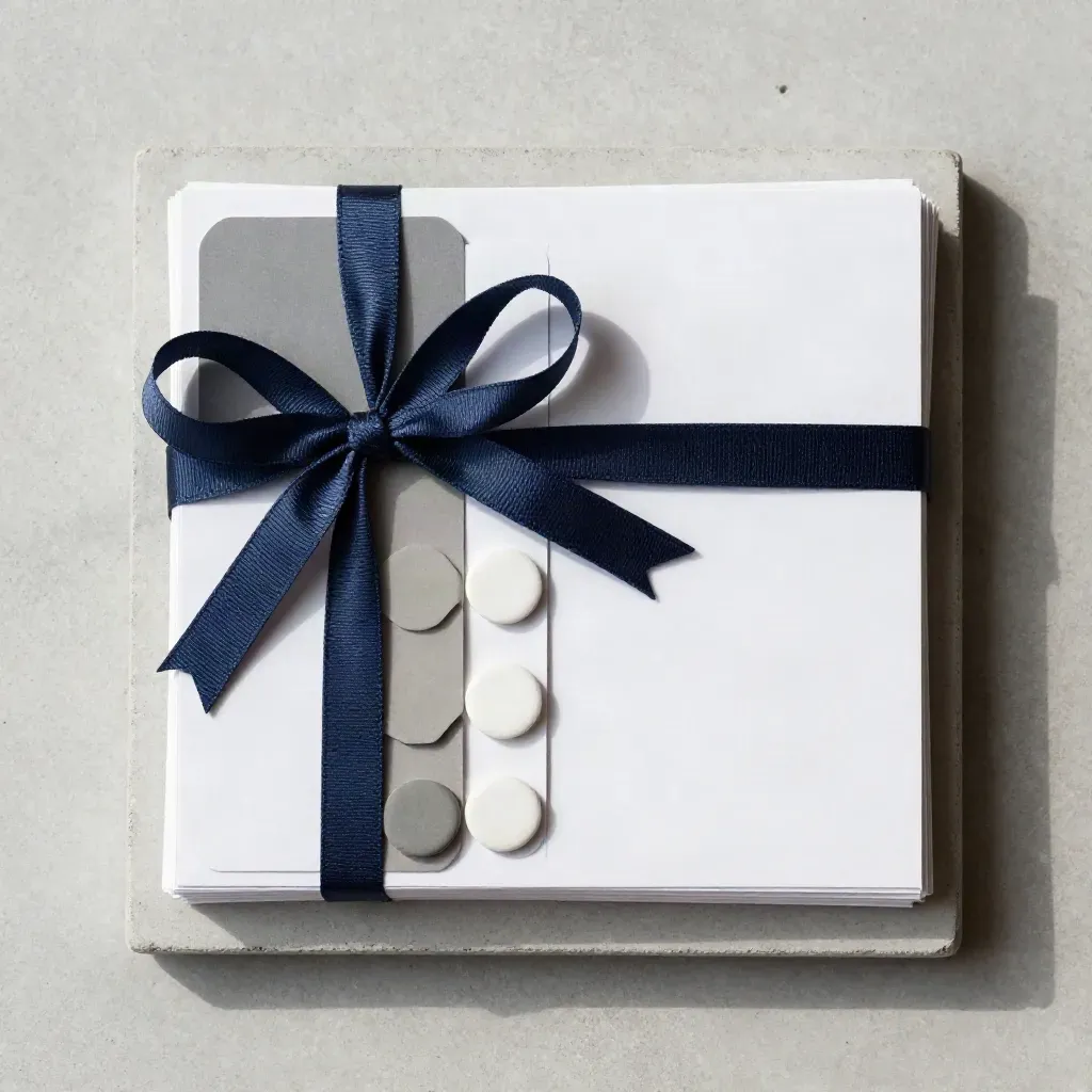 Overhead stack of blank message cards tied with navy ribbon and tone chips on pale concrete.