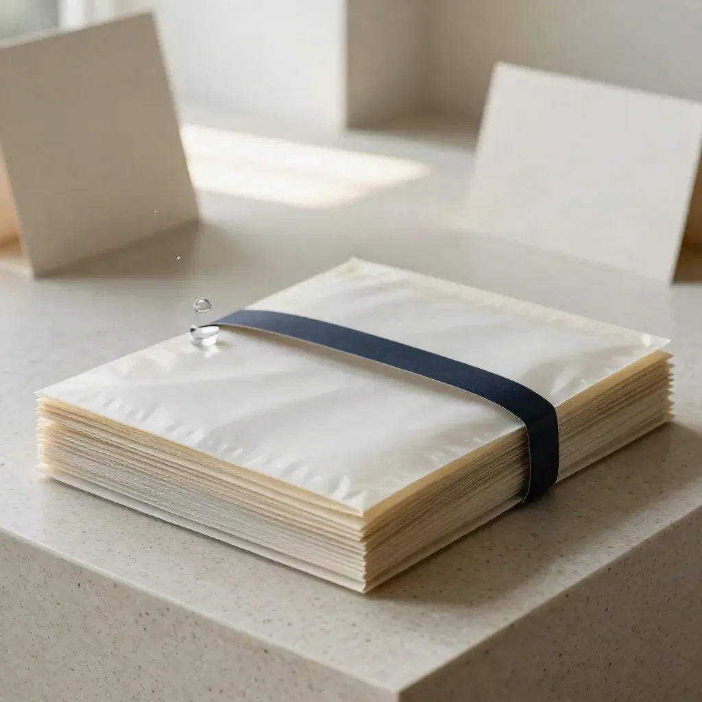 Wrapped welcome-series packet with folded folios and glass weight on pale travertine, softly lit