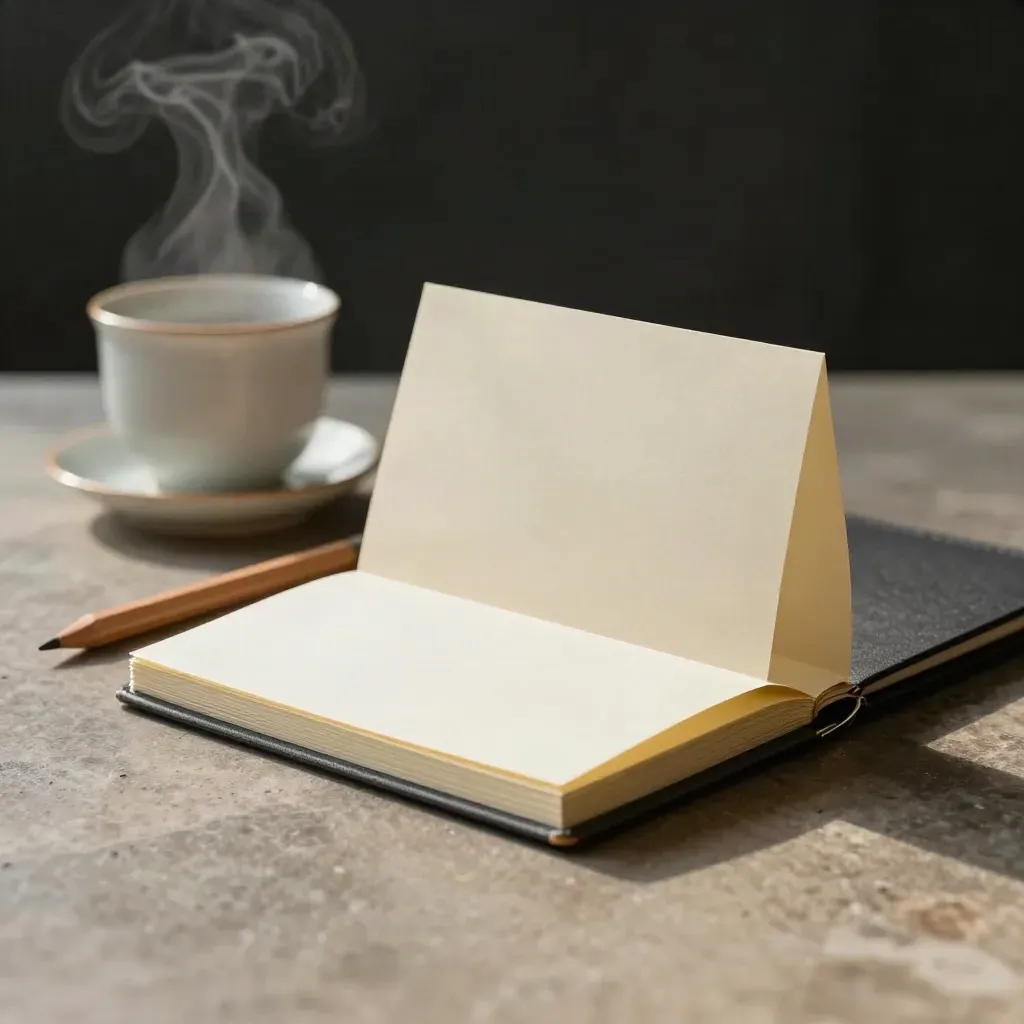 Folded coaching brief, cup ring and pencil nub on a dark studio surface with steam