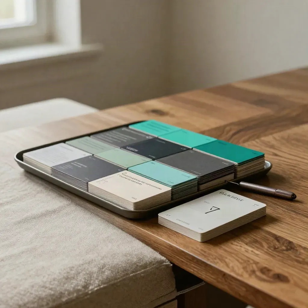 Modular social-content cards, tray and slim stylus on a linen bench in soft window light.