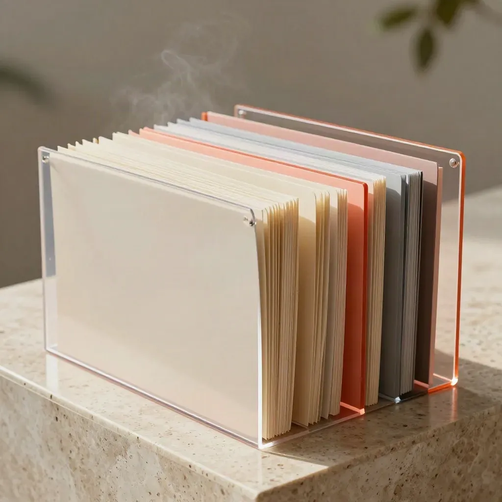 Coral reset pack folders and acrylic sleeve in a glossy stone channel, softly lit.