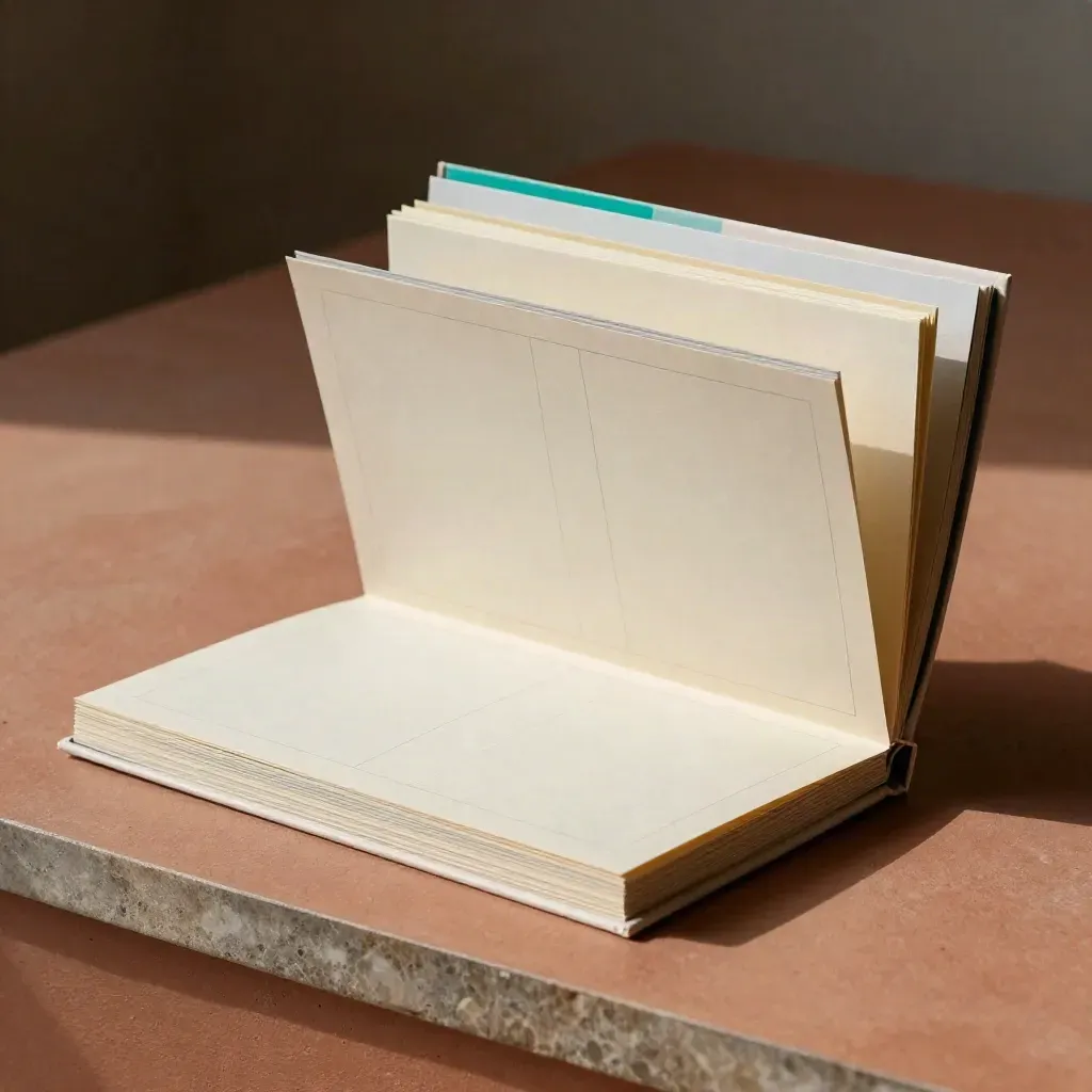 Open SEO tune-up folio with blank inserts on a terracotta plinth, teal edge, soft haze