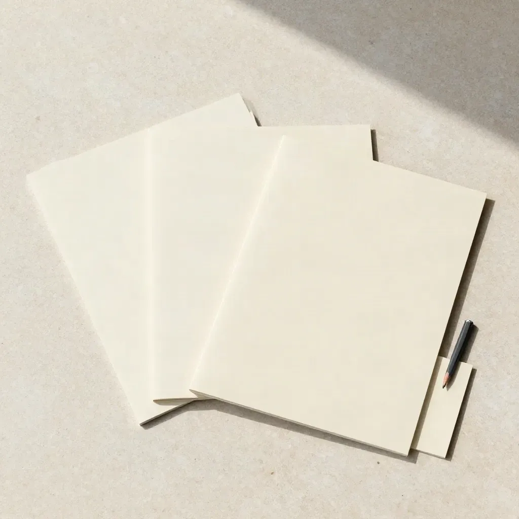 Cream page kit with boards, pencil nub, and folded strip on travertine, overhead.