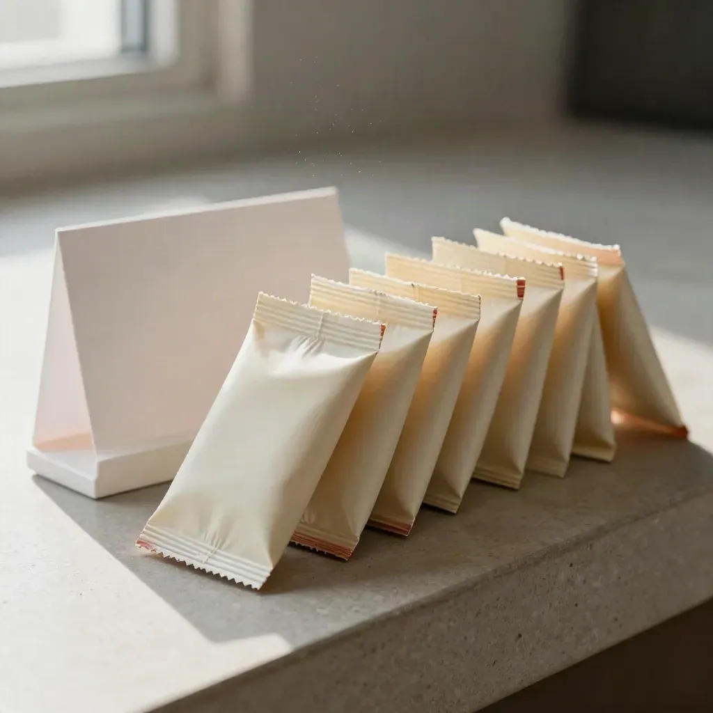 Six sealed packets staggered beside a white ceramic block on a matte stone bench.