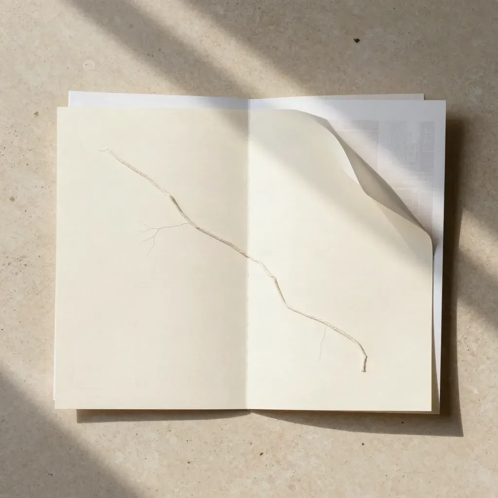 Overhead flatlay of blank cards, vellum sleeve and thread on limestone slab.