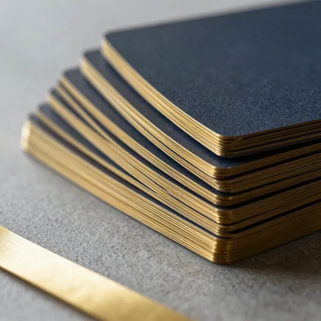 Brass-edged concept tiles fanned on a navy backing in dramatic macro light.
