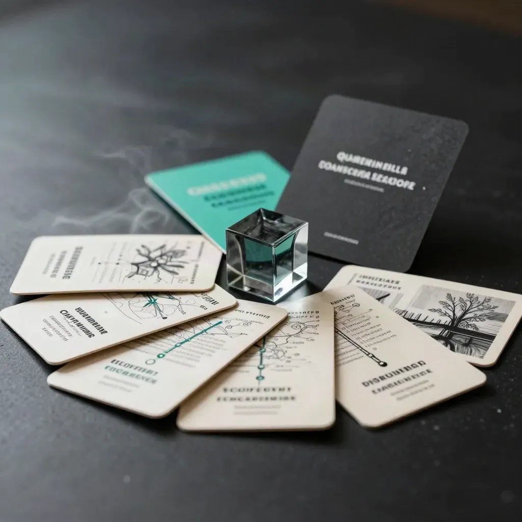 Quarterly coaching bundle with four sealed cards, roadmap and paperweight on matte-black surface.