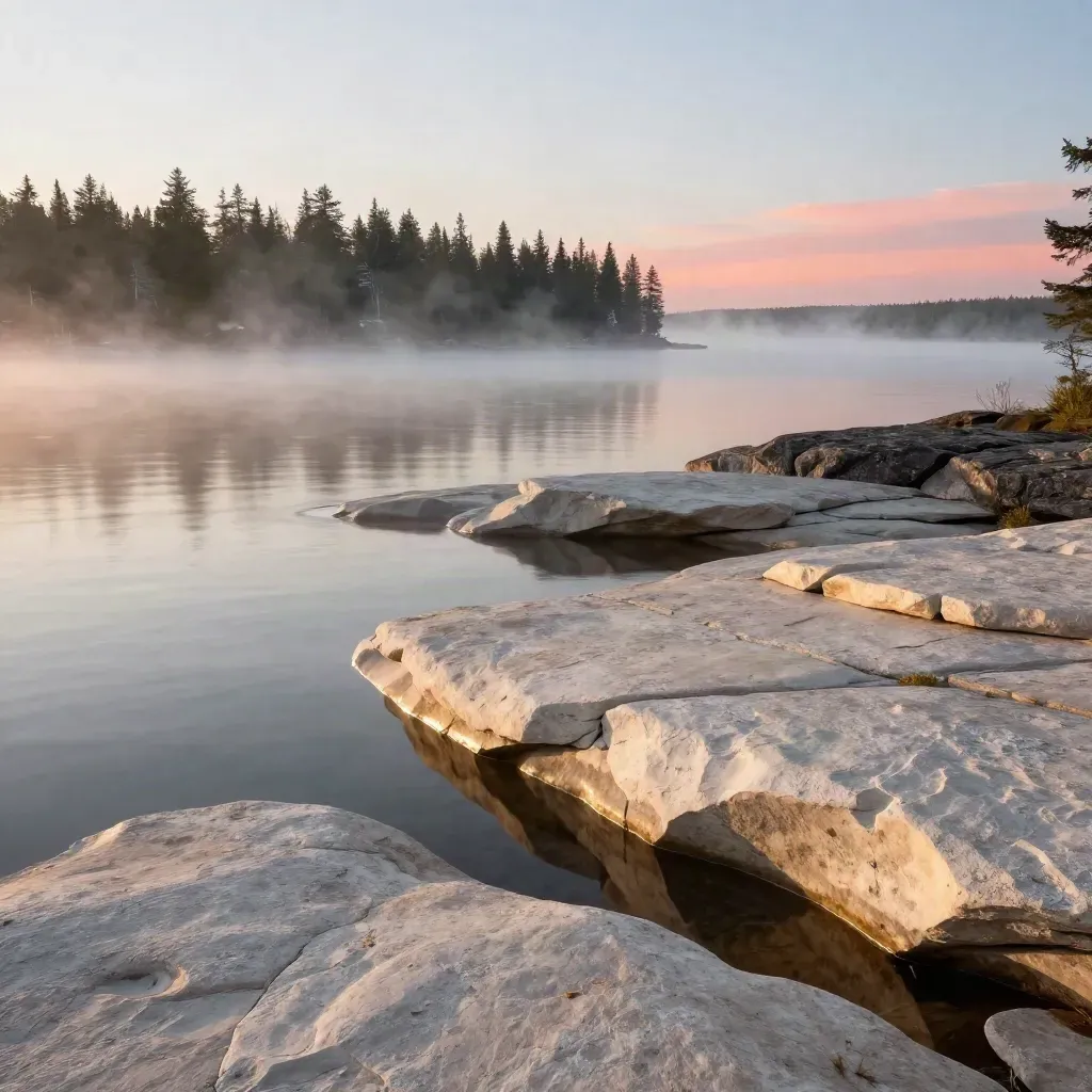Canadian lakeshore at dawn with mist, cedar line, pale rock, and calm copy space.
