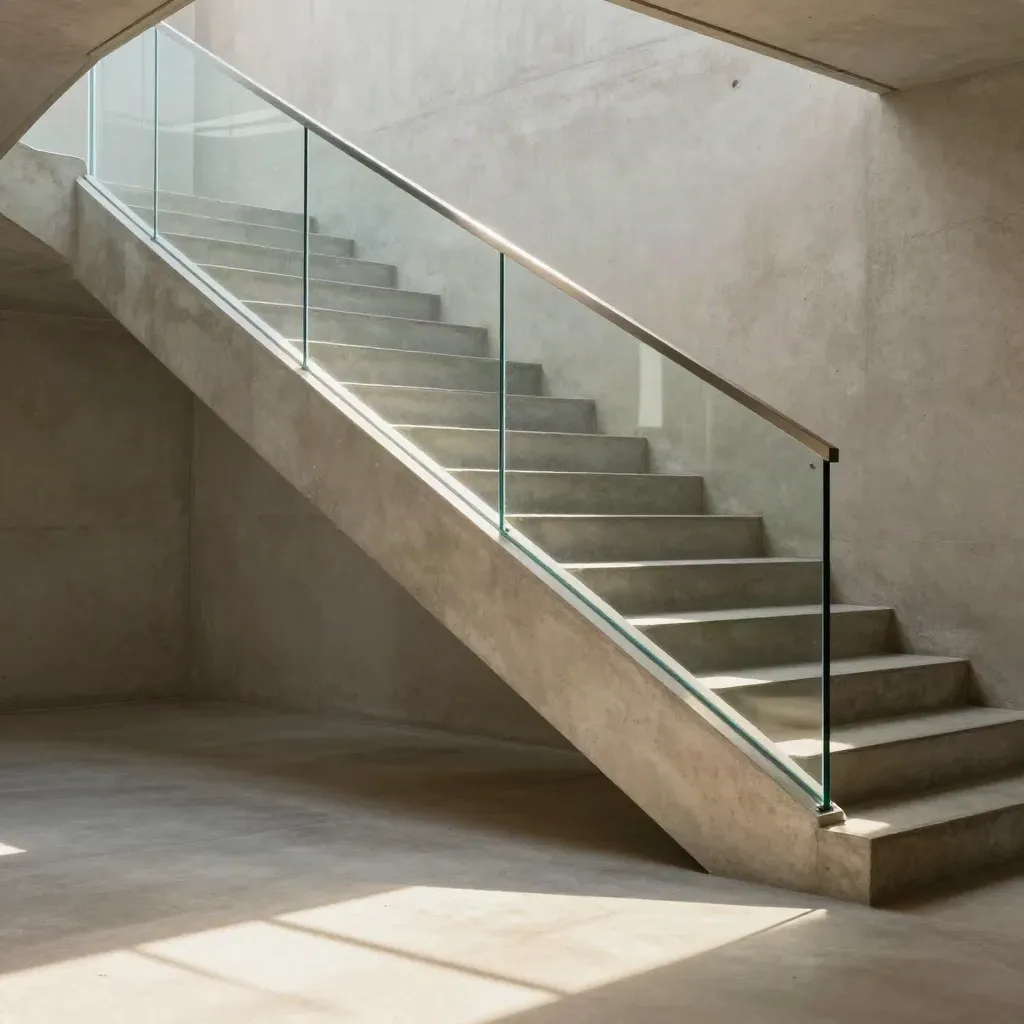 Sunlit concrete stair landing with glass rail and calm empty wall for headline copy.