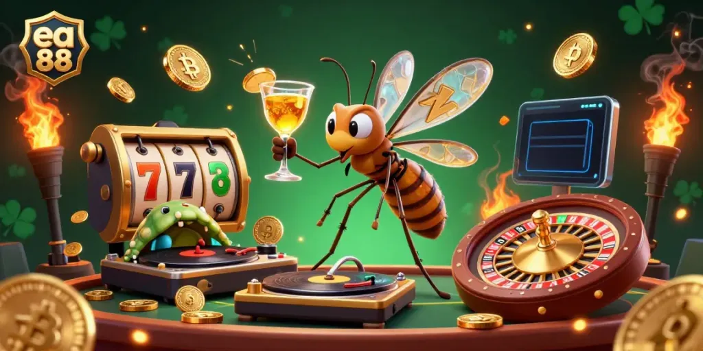 Experience the excitement of ea 88 with a lively casino scene showcasing unique characters and rich gaming elements.