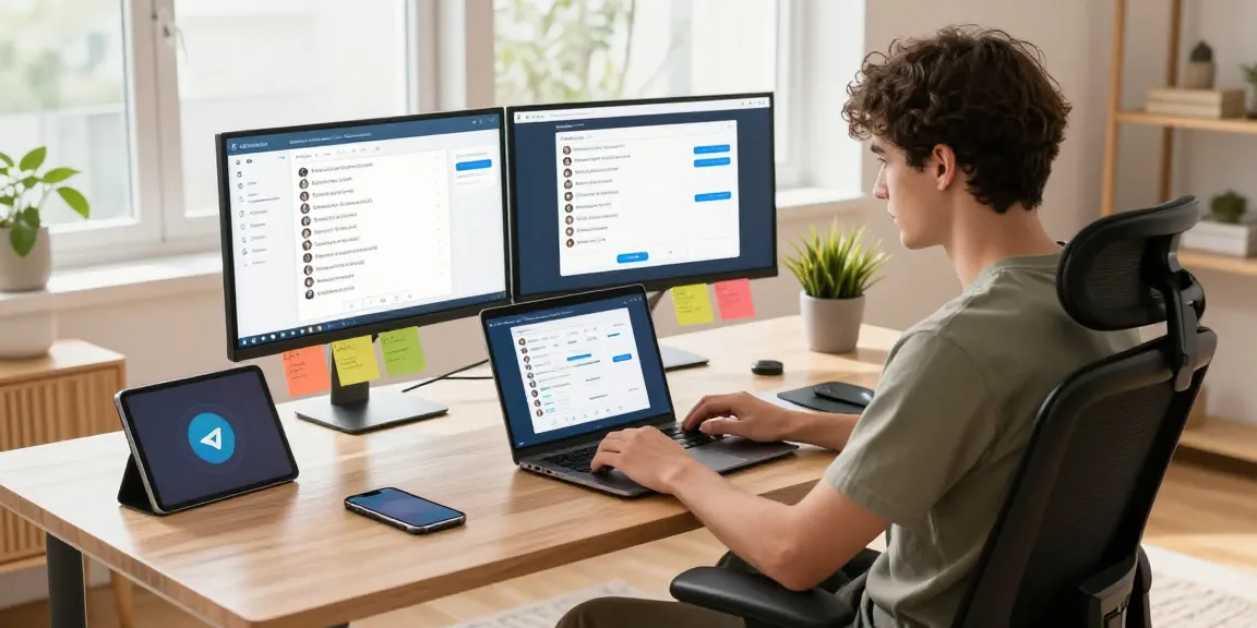 Using the Telegram Web Version in a modern workspace with tech gadgets.