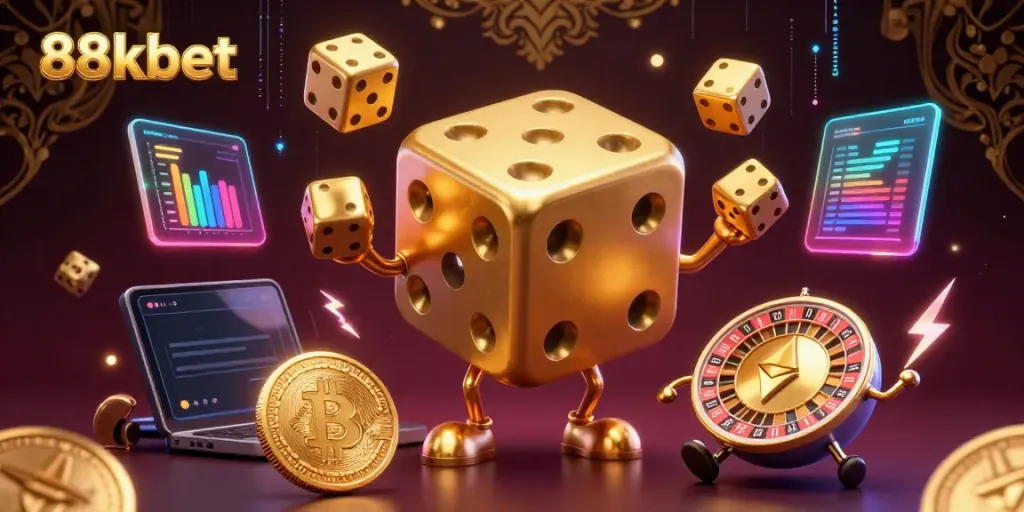 Win big with 88kbet in this vibrant 3D illustration featuring a dice golem and crypto elements.