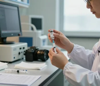 Healthcare professional preparing a luer lock syringe in a clinical laboratory.